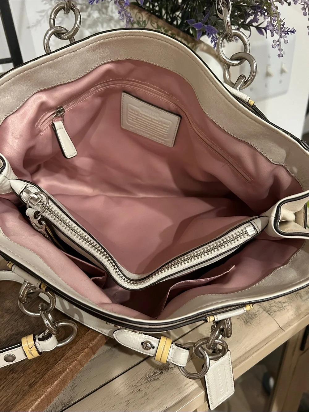 Coach Cream Leather Shoulder Tote with Yellow Accents